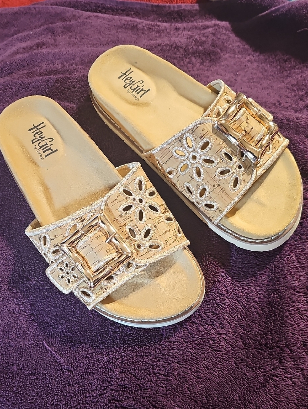 Corkys Metallic Gold Floral Cutout Buckle Slide Sandals